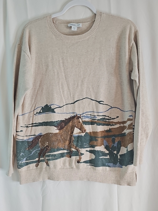 Coldwater Creek Sweaters - Coldwater Creek 100% Cotton Beige Crewneck Sweater with Horse Print